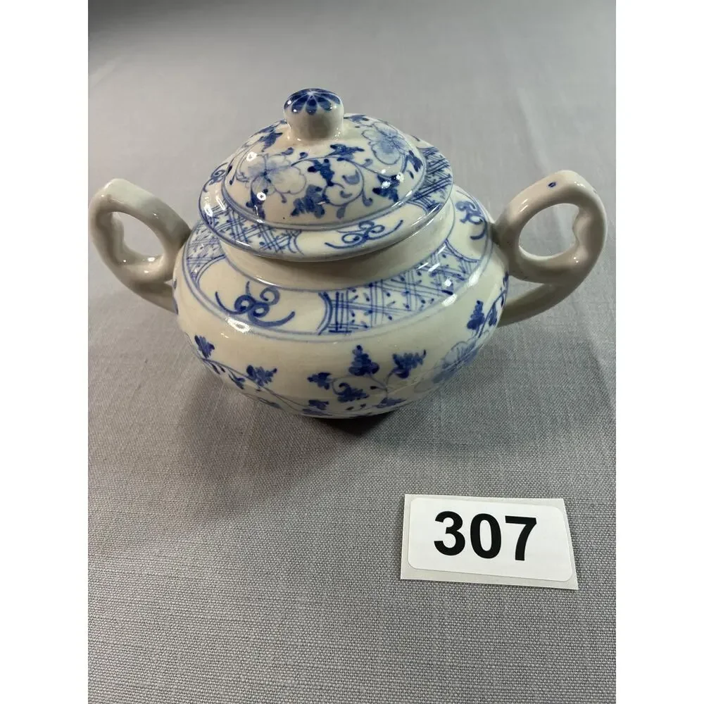 Blue White Ceramic Covered Sugar Bowl Mini Teapot Chinoiserie Decor